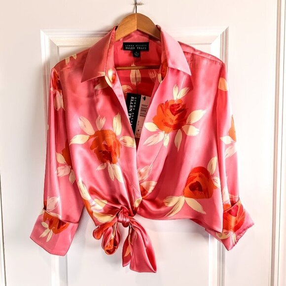 Linda Allard Ellen Tracy Coral Floral Silk Wrap Top NWT - Picture 1 of 7